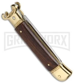 AKC 8" Shot Shell Puller Lever Lock Cocobolo W/ Brass Auto Knife - Flat Plain 8 AKC 8" Shot Shell Puller Lever Lock Cocobolo W/ Brass Auto Knife - Flat Plain -AKC Knives Shop AKC Shot Puller 8in LL Italian Cocobolo Brass BP 19867 jr side large