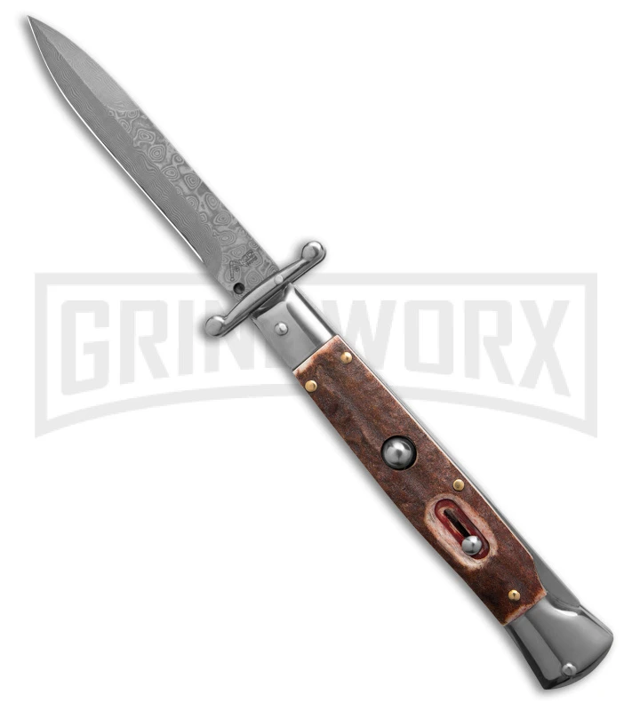 AKC Knives Shop 39 AKC Knives Shop -AKC Knives Shop AKC Stiletto Swinguard Automatic Knife Stag Horn w Sheath 4in Damascus Bayo BHQ 189377 hd large