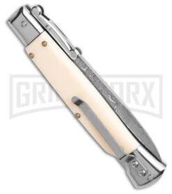 AKC 9" Italian Stiletto Swinguard Sim Ivory Auto Knife W/ Case - Damascus Plain -AKC Knives Shop AKC Swinguard 9in Auto italian Stiletto Sim Ivory w Case 4in Damascus Bayonet BHQ 189015 td side large