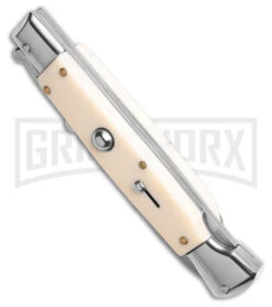 AKC 9" Italian Stiletto Swinguard Sim Ivory Auto Knife W/ Case - Damascus Plain -AKC Knives Shop AKC Swinguard 9in Auto italian Stiletto Sim Ivory w Case 4in Damascus Bayonet BHQ 189015 td spine large