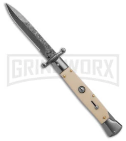 AKC 9" Italian Stiletto Swinguard Sim Ivory Automatic Knife - Damascus Plain