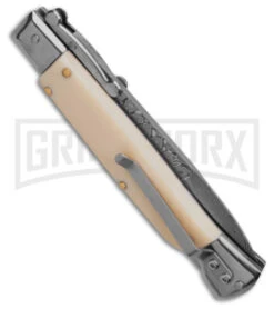 AKC 9" Italian Stiletto Swinguard Sim Ivory Automatic Knife - Damascus Plain 7 AKC 9" Italian Stiletto Swinguard Sim Ivory Automatic Knife - Damascus Plain -AKC Knives Shop AKC Swinguard 9in Automatic Italian Stiletto Sim Ivory 4in Damascus Bayonet BHQ 180887 hd side large
