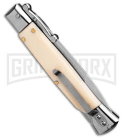AKC 9" Italian Stiletto Swinguard Sim Ivory Automatic Knife - Polish Plain -AKC Knives Shop AKC Swinguard 9in Automatic Italian Stiletto Sim Ivory 4in Polish Bayonet BHQ 180886 hd side large