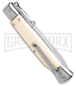 AKC 9" Italian Stiletto Swinguard Sim Ivory Auto Knife W/ Case - Polish Plain -AKC Knives Shop AKC Swinguard 9in Automatic Italian Stiletto Sim Ivory with Case 4in Polish Bayonet BHQ 189012 td side large