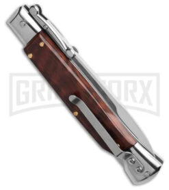 AKC 9" Snakewood Auto Swinguard Knife Italian Stiletto W/ Case - Satin Plain -AKC Knives Shop AKC Swinguard 9in Automatic Italian Stiletto Snakewood with Case BHQ 189014 td side large