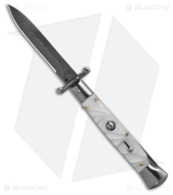 AKC Swinguard 9" Automatic Italian Stiletto White Pearlex (4" Damascus Bayonet)
