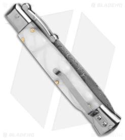 AKC Swinguard 9" Automatic Italian Stiletto White Pearlex (4" Damascus Bayonet) -AKC Knives Shop AKC Swinguard 9in Automatic Italian Stiletto White Pearlex 4in Damascus Bayonet BHQ 180890 hd side