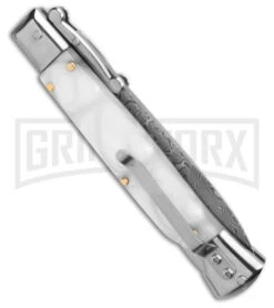 AKC 9" Italian Stiletto Swinguard White Pearlex Automatic Knife - Damascus Plain -AKC Knives Shop AKC Swinguard 9in Automatic Italian Stiletto White Pearlex 4in Damascus Bayonet BHQ 180890 hd side large