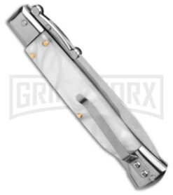AKC 9" Italian Stiletto Swinguard White Pearlex Automatic Knife - Polish Plain -AKC Knives Shop AKC Swinguard 9in Automatic Italian Stiletto White Pearlex 4in Polish Bayonet BHQ 180891 hd side large
