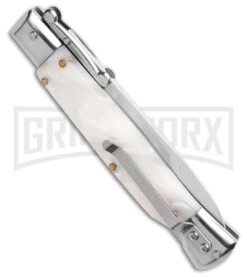 AKC 9" Italian Stiletto Swinguard White Pearlex Automatic Knife W/Box - Polish -AKC Knives Shop AKC Swinguard 9in Automatic Italian Stiletto White Pearlex W Box 4in Bayonet BHQ 189013 td side large