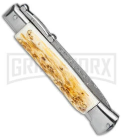 Automatic Italian Style Swinguard 9" Stag - Damascus Bayonet Blade -AKC Knives Shop AKC Swinguard 9in Stag Bayo Damascus GX 3647 jr side large