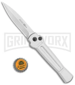 AKC X-treme Ace Silver Automatic Knife - Satin Plain -AKC Knives Shop AKC X treme Ace Auto Silver Satin BHQ 113920 jr bottlecap large