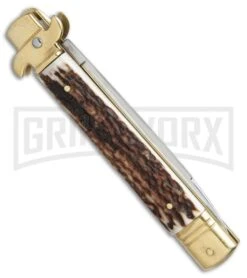 AKC 9" Leverletto Stag Horn Brass Automatic Knife - Flat Grind -AKC Knives Shop AKC leverletto stag horn brass flat BP 18946 er side large