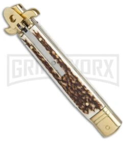 AKC 9" Leverletto Stag Horn Brass Automatic Knife - Flat Grind -AKC Knives Shop AKC leverletto stag horn brass flat BP 18946 er spine large