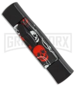 AKC Minion Concord Red/White Skull OTF Automatic Knife - Black Flat -AKC Knives Shop AKC minion concord red white skull black flat BP 19001 er side large