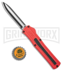 AKC F-20 Red D/A OTF Automatic Knife - Two Tone Plain -AKC Knives Shop akc f 20 da otf auto black red aluminum tt dagger BHQ 177264 jr bottlecap large