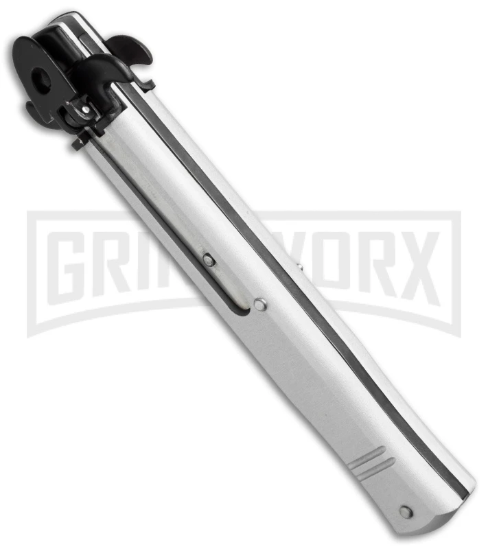 AKC 9" Tactical Leverletto Silver Automatic Knife - Satin Flat Grind 5 AKC 9" Tactical Leverletto Silver Automatic Knife - Satin Flat Grind - Image 3