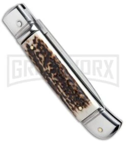 AKC 8" Italian Stiletto Lever Lock Stag Horn Automatic Knife - Flat Grind -AKC Knives Shop akc lever lock stag side large