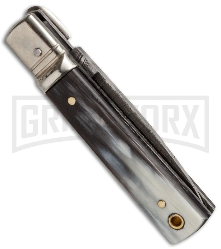 AKC Classic 6" Lever Lock Brazilian Horn Automatic Knife - Damascus Plain 4 AKC Classic 6" Lever Lock Brazilian Horn Automatic Knife - Damascus Plain - Image 2