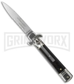 AKC Bill DeShivs 7.5" Leverletto Ebony Wood Automatic Knife - Flat Serr